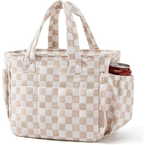 BAGSMART Lunch Bag for Women Small Cute Brown Checkered Quilted Lunch Box Insulated Lightweight, Leakproof, Durable & Reusable Tote Bag for Work, Travel, Outdoor, Picnic