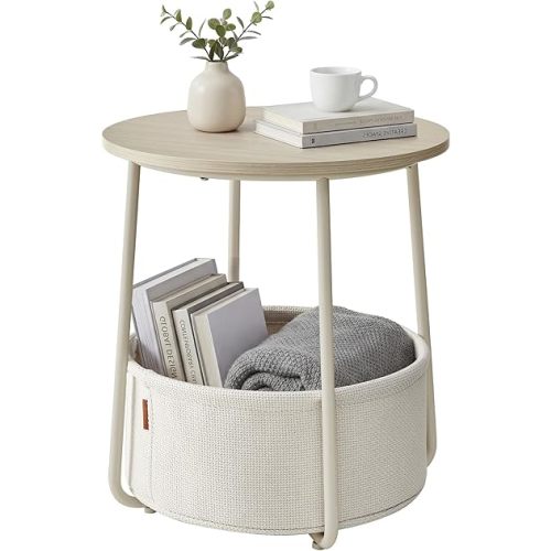 SONGMICS Home Small Side Table, Round End Table, 2 Tier Nightstand with Basket, U Shaped Steel Legs, Easy Assembly, for Living Room, Bedroom, Beige and White