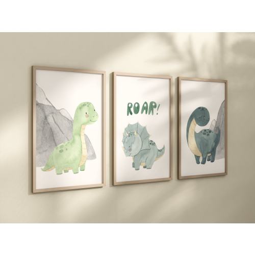 Dinosaur Set of 3 Nursery Art Prints, Boy Nursery Wall Art Blue Green, Dino Nursery Decor, Play Room, Boy Baby Ideas, Kids room, roar,006