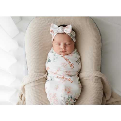 Personalized Floral Baby Swaddle Blanket Set: Custom Name, Bow & Hat