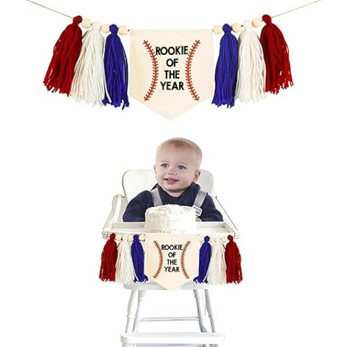 Baseball 1st Birthday High Chair Banner,Rookie of the Year 1st Birthday Boy Baseball Decorations, Baby Shower Blue,White and Red wall Hangings Decorative for Kids Bedroom