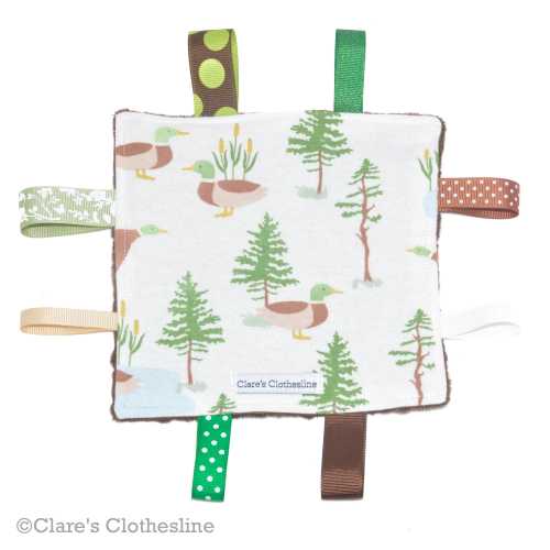 Ducks Crinkle Toy: Green & Brown Mallard Ducklings, Sensory Square with Ribbon Tags