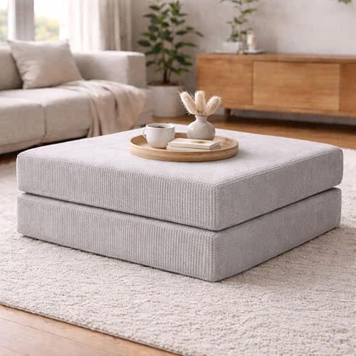 TUFT & FINCH 2-Piece Modular Corduroy Ottoman – Boneless Convertible Floor Sleeper & Guest Seating Mat – Pet-Friendly, High-Density CertiPUR-US Foam, Washable Covers, Anti-Slip Base – Light Grey
