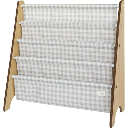 3 Sprouts Kids Bookshelf with Recycled Fabric - 4-Tier Sling Storage for Kids Rooms Holds 35 Titles - Toddler Organizer for Ages 3+ - Gingham Beige | Recycled Fabric, Organizer, Nursery Room, Playroom, Classroom, Kid Bookcase