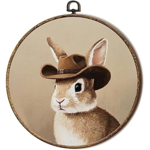 FSTCSV Western Nursery Cowboy Bunny Round Wall Art Framed, Western Rabbit Canvas Prints Wall Hanging Art, Vintage Rustic Farmhouse Bunny Circle Walls Decor for Nursery Bedroom Living Room, 10x10in