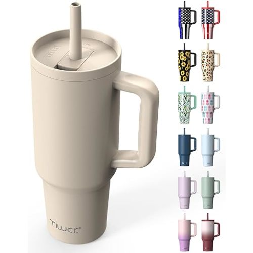 TILUCK 40 oz Tumbler with Handle, Vacuum Insulated Stainless Steel Travel Mug with 100% Leak-Proof Silicone Straw Lid, Cupholder Friendly Water Bottle(MistyGray, 40oz)
