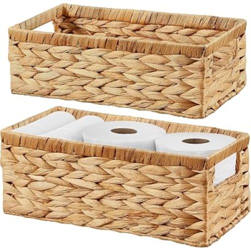 Wicker Storage Basket, Set of 2 Hand-Woven Water Hyacinth Wicker Baskets for Organizing Decor Storage Bins for Counter Shelves Pantry Basket Small Toilet Paper Basket for Toilet Tank Top