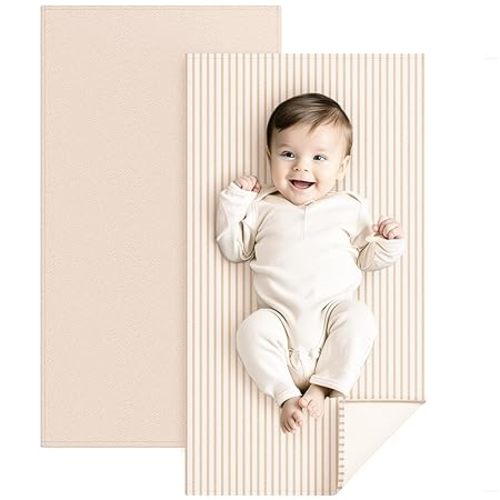 Konssy Faux Leather Baby Changing Mat, Waterproof, Wipeable & Portable Diaper Changing Pad for Travel or Home, Fits Perfectly in Diaper Bag, 30 x 17 inches (Beige,Stripes)