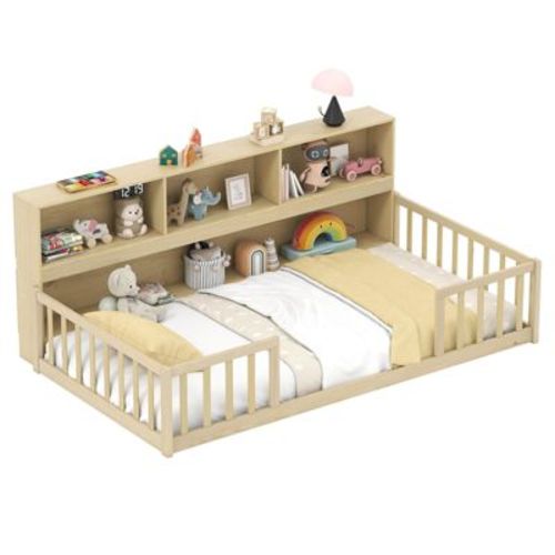 Costway Twin Size Montessori Floor Bed with Bookcase Storage Shelves & Safety Fence Rails Pink/Natural/White/Gray