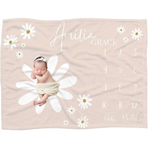 Personalized Baby Girl Daisy Milestone Blanket, Pink Floral Baby Blanket, New Parent Newborn Shower Gift, Newborn Photography Prop, Soft Cozy Infant Throw