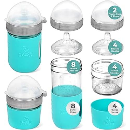 Mason Bottle Baby Glass Bottle Gift Set – Includes 8oz & 4oz Feeding Bottles, Slow & Medium Flow Nipples, Silicone Sleeves, Caps and Rings – BPA-Free, Non-Toxic, Anti-Colic