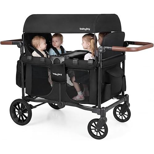 BABY JOY Wagon Stroller for 4 Kids, Foldable Stroller Wagon with Removable Canopy, Adjustable Handle, Snack Tray, Parent Organizer, 5-Point Safety Harness, Convertible Diaper Bag/Changing Pad (Black)