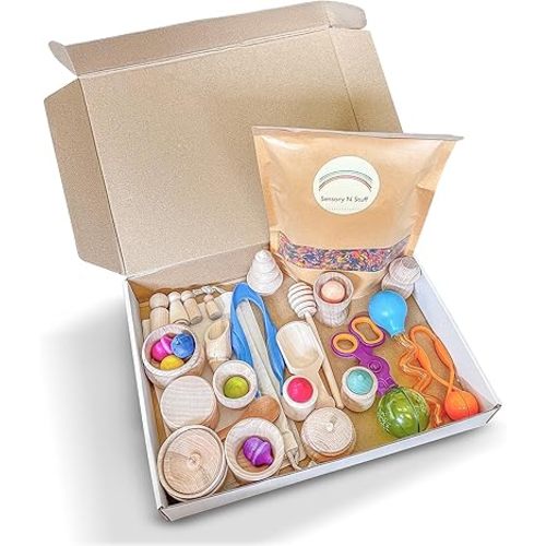 Rainbow Rice and Sensory Bin Tools (30 Pieces), Wooden Sensory Bin Tools and Scoops with Chemical-Free and Food-Safe Rice, Table Tools for Fine Motor Skills