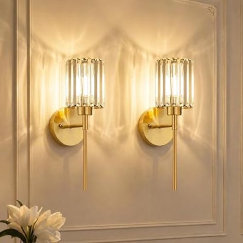 2-Pack Crystal Battery Operated Wall Sconces, Brushed Gold Rechargeable Wireless Wall Sconce Lights with Dimmable Bulbs and Remote, 12 Colors and 3CCT Dimmable Crystal Lamps for Living, 3000~6000K