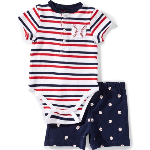 Little Me Baby Boys Cotton Short-Sleeve Striped Baseball Bodysuit & Baseball-Printed Shorts Set