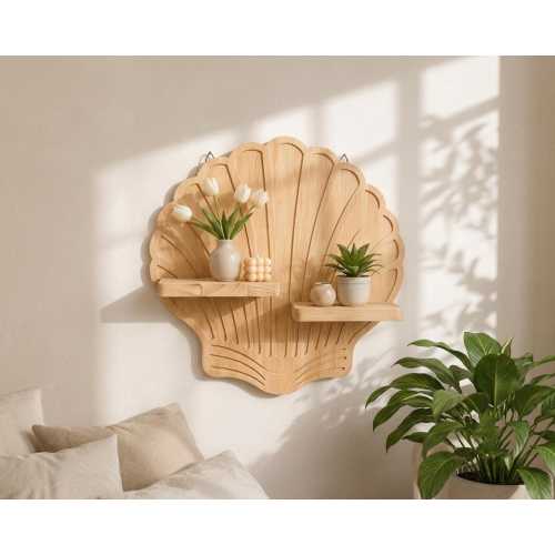 Scallop Seashell Wooden Wall Shelf, Coastal Boho Display, Natural Wood Decor