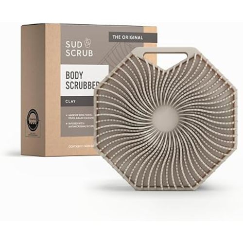 Sud Scrub® Antimicrobial Silicone Body Scrubber, Exfoliating Body Brush for Sensitive Skin, Antibacterial Shower Scrubber for Body, Bathroom Essentials for Men & Women, Clay