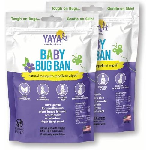 Baby Bug BAN Insect Repellent Wipes – All-Natural, DEET-Free, Non-Toxic, for Babies, Kids and Sensitive Skin (24 Count, Pack of 2)