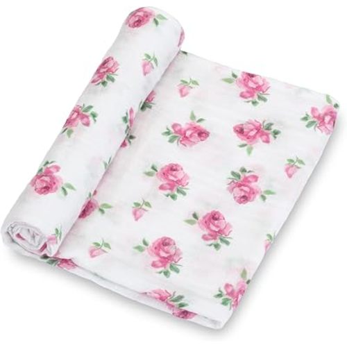 LollyBanks Baby Swaddle Blanket for Girls, 100% Cotton Soft Muslin Swaddle, Lightweight 47 x 47 Inches Swaddles for Newborns, Cozy and Gentle Baby Blankets, Nursery Essentials (Rosebud Print)