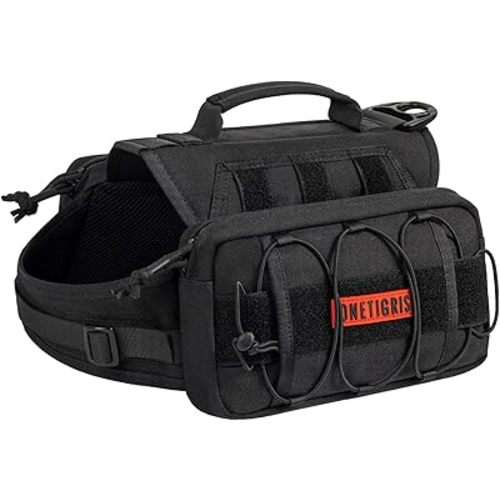 OneTigris Dog Backpack for Medium & Large Dogs, Nylon Backpack for Dogs Tactical Pet Backpack with Side Pockets for Hiking Walking Training Running (Black, Medium)
