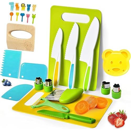 27 Pcs Montessori Kitchen Tools for Toddlers, Kids Knives for Real Cooking Safe Knife Set Include Toddler Cutting Boards Sandwich Cutters Peeler for Birthday Tools for Age 2-10 Year Old Girl Boy