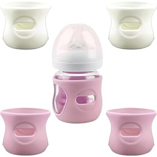 4 Pack Silicone Sleeves for Avent Natural Glass Baby Bottles, Anti Breakage Baby Bottle Holder, Compatible with Philips Avent Glass Natural Baby Bottle, BPA Free (Pink White, 4 OZ)