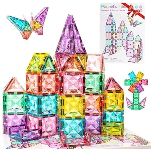WMXDU Large Pastel Magnetic Tiles: Glitter Diamond Castle Building Set