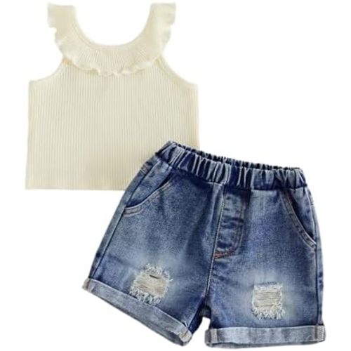 Toddler Baby Girl Summer Clothes Ruffle Sleeveless Tank Top Shirt Ripped Jean Shorts Denim Outfits for Girls