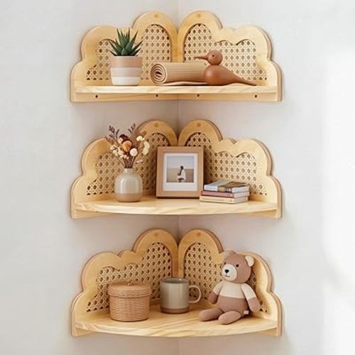 3 Pcs Cloud Floating Corner Shelf Set Boho Rattan Storage with Natural Pine Wood Frame Cute Corner Shelves for Wall Home Decor Bedroom Kitchen Bathroom (Wood Color)