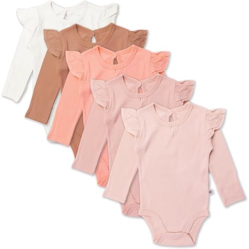 HonestBaby baby-girls 5-pack Long Sleeve Ruffle Shoulder Bodysuits 100% Organic Cotton for Infant Baby Girls