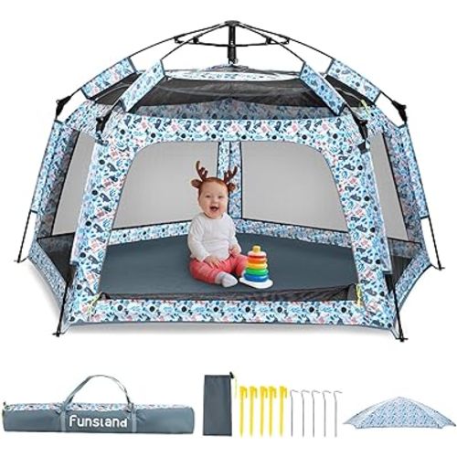 Baby Playpen Pop-up Tent - Outdoor & Indoor Play Tent for Beach with Canopy Travel Bag Portable Play Yard for Babies & Toddlers (Ocean)