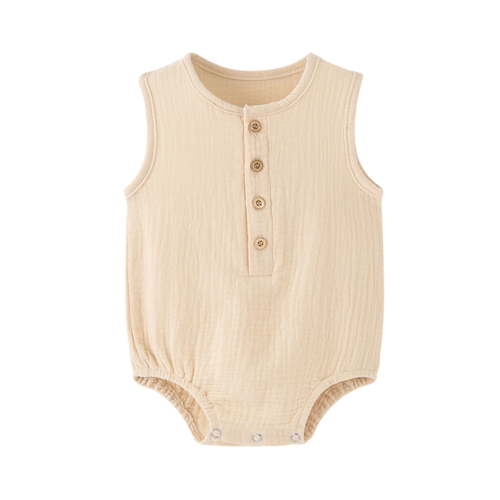 Odeerbi Infant Boys Girls Cotton Rompers Jumpsuit Baby Clothes 3-24 Months Jumpsuit Summer Gauze Thin Sleeveless Newborn Clothes Bodysuits Beige