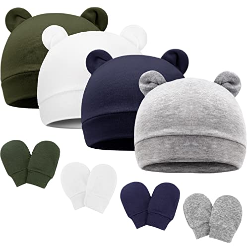 Newborn Baby Hat and Mittens Set Bear Ears Toddler Infant Beanie Caps Newborn Hospital Hat for Baby Boy Girl 0-3 Months