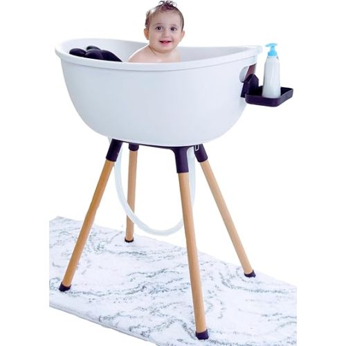 Luxury Baby Bathtub with Wooden Stand – 3-Stage Convertible, Ergonomic & Back-Saving Design