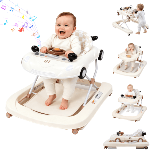 PRVAETU 5 in 1 Baby Walker for Boys Girls, Foldable, Music & Lights,Bouncer, Push Walker, Height Adjustable with Wheels for Infants 6-18 Months,Beige