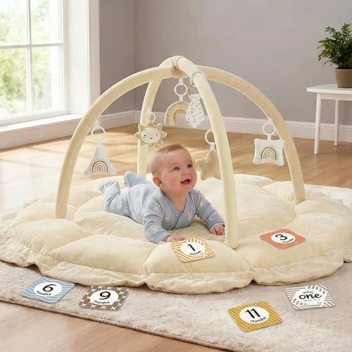 5-in-1 Thick & Plush Baby Play Gym, Baby Play Mats for Floor, Tummy Time Mat with 6 Toys, Convertible Stage-Based Developmental from Babies to Toddlers, Ball Pit, Cream