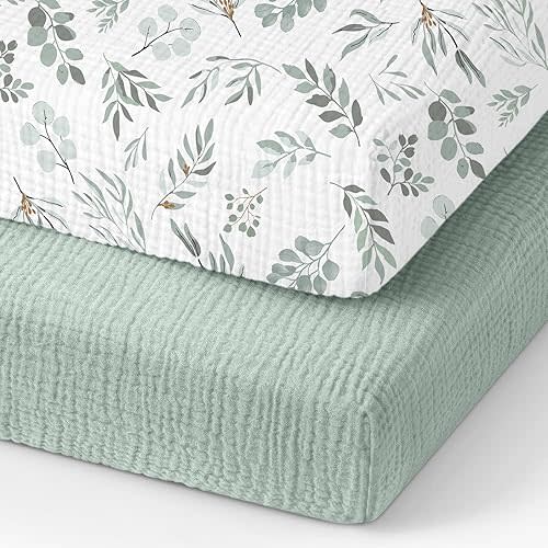 Organic Pack and Play Sheets Fitted 38”x26” 100% Muslin Cotton, Mini Crib Sheets Compatible with Graco/hiccapop/YENING/Dream On Me/Babylicious Pack N Play Mattress, Playard Bedding Sheet Bed Cover
