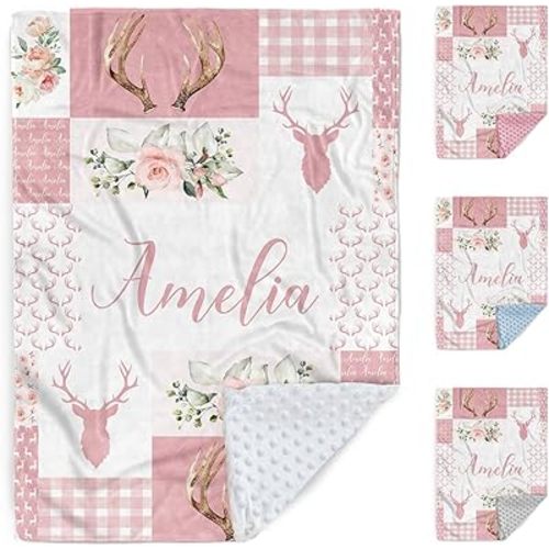 Terwex Baby Girl Blanket with Name – Personalized Pink Baby Blanket for Infant Toddler Girls, Floral Woodland Deer Flannel Receiving Swaddle, Custom Newborn Gifts for Birthday New Parents(30"x40")