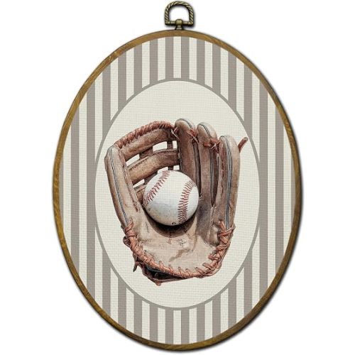 QZQE Baseball Boy Nursery Oval Wall Art Decor Framed, Kids Oval Canvas Prints, Vintage Baseball Glove Hoop Neutral Striped Sport Wall Hanging Decor for Kids Boy Toddler Room Playroom, 8.6x11.4 Inch