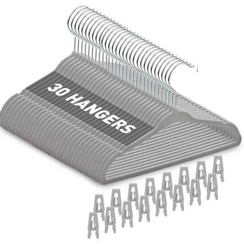 Velvet Baby Hangers with Clips (30 Pack) | 11” Ultra-Slim Baby Clothes Hangers | Non-Slip Felt | Space-Saving Nursery & Infant Closet Organizer | Gray
