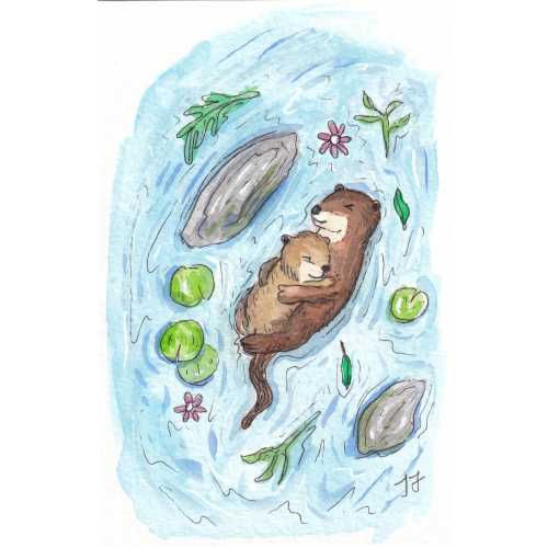 Watercolor and Ink Floating Otters Prints and Canvas