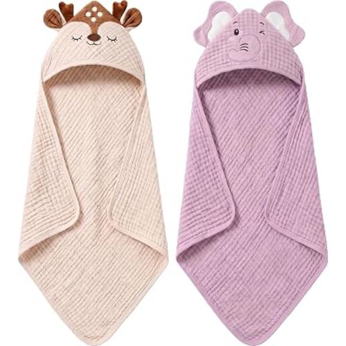 4 PCS Muslin Baby Bath Towels Set for Boys & Girls, Elephant & Deer | 100% Cotton, Animal Hooded Baby Towels, Absorbent & Soft, Infant Newborn Essentials Gifts