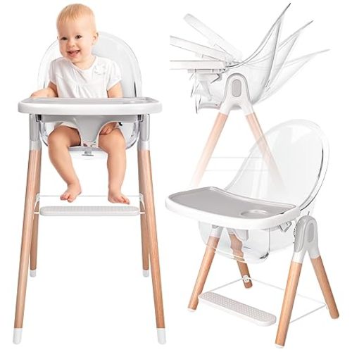 Children of Design 6 in 1 Deluxe Wooden High Chair for Babies & Toddlers, Modern Safe & Compact Baby Highchair, Easy to Clean & Assemble, Removable Tray, 6 Options 3 Seat Positions 2 Heights (Clear)