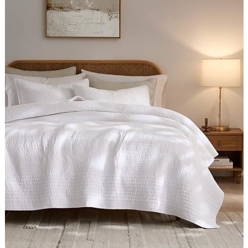 palassio Striped White 100% Cotton Quilt Twin Size Bedding Sets, Lightweight Crinkly Channel Pick Stitch Textured Bedspread Soft Shabby Chic Farmhouse Country Coverlet for All Season, 1 Sham