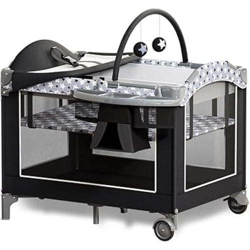 3-in-1 Pack and Play Playard with Bassinet and Changing Station | Portable Baby Playard for Travel, Foldable Play Pen for Newborns and Toddlers, 2 Locking Wheels, Breathable Mesh (Black)