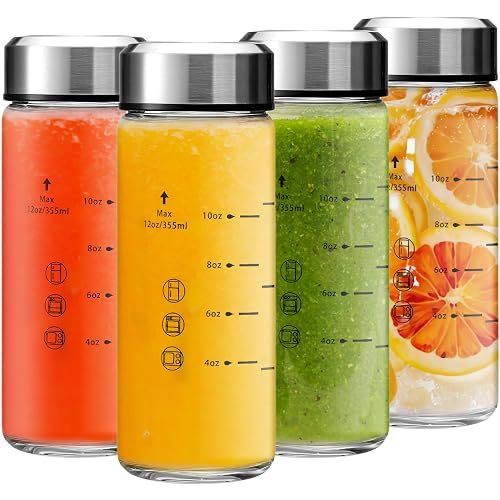 12oz Juice Bottles - 4 Pack Wide Mouth Glass Bottles with Lids- BPA Free, Stainless Steel Lids for Juicing, Smoothies, Infused Water, Beverage Storage - Leakproof, Borosilicate, Clear