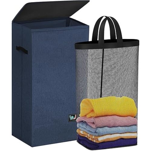 Laundry Hamper with Lid, Reinforced Sturdy Clothes Hamper with Anti-Puncture Base, Large Collapsible Laundry Basket with Removable Liner Bag, Tall Dirty Clothes Bin for Family, 100L Navy Blue