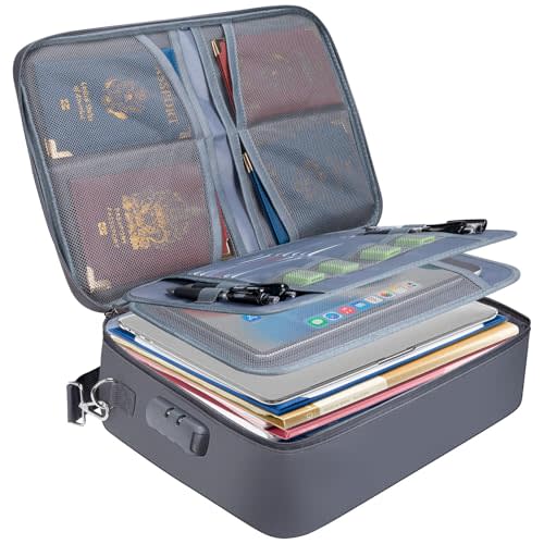 BALEINE Fireproof Document Box with Lock, Waterproof Fire Safe File Bag | Fire Proof Certified, Waterproof Dual Zippers, Combination Lock, Multi-Compartment Storage, File Organizer for Home Office