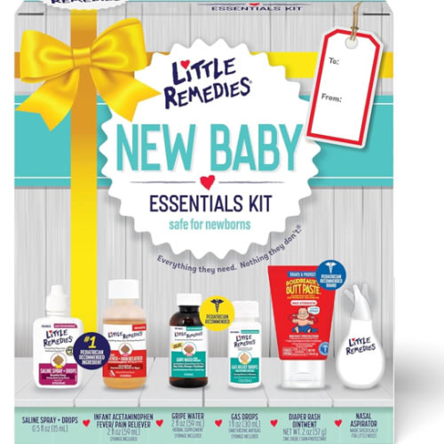 Little Remedies New Baby Essentials Kit with Saline Nasal Spray, Diaper Rash Cream, Gas Relief Drops, Gripe Water & More, Safe for Newborns