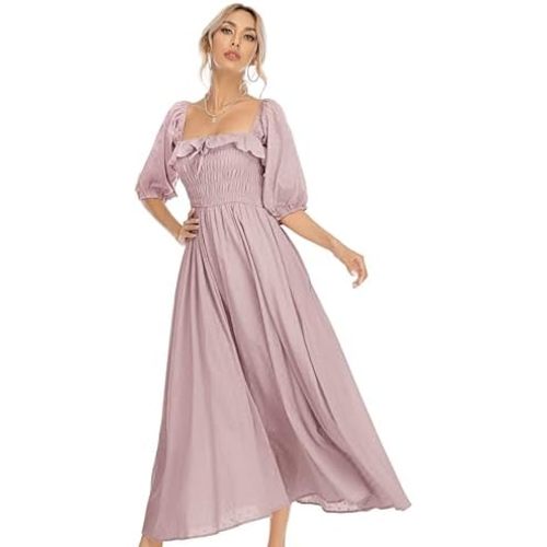 R.Vivimos Women Summer Half Sleeve Cotton Ruffled Vintage Elegant Backless A Line Flowy Long Dresses